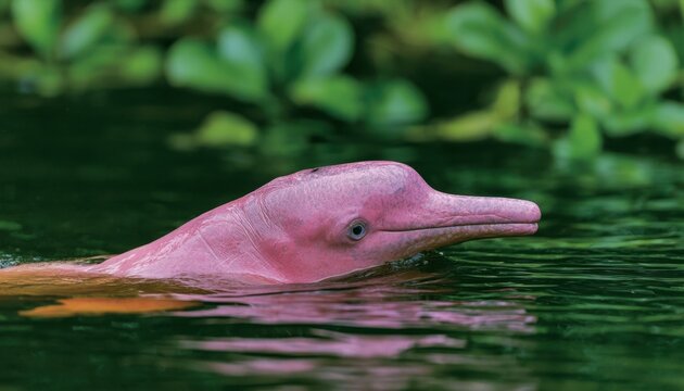 Pink river dolphin swimming in dark green water with lush vegetation