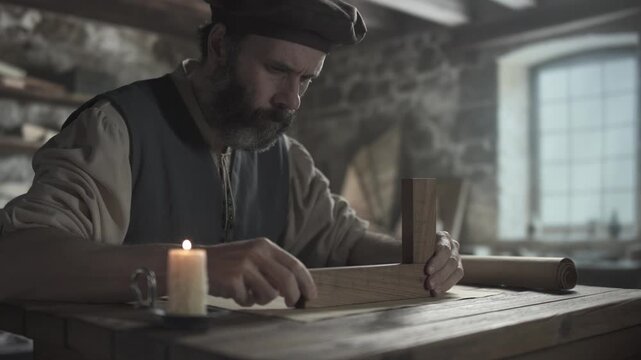 A medieval inventor checking geometric lines on a parchment sketch using a wooden square tool near a burning candle while sitting at a rough table inside a dimly lit workshop with stone walls