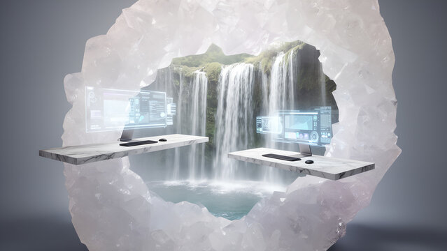 Surreal digital workspace inside a glowing crystal geode with a beautiful waterfall.