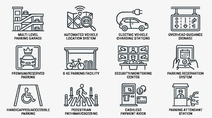 Obraz premium Modern Black and White Line Icons Set Featuring Advanced Parking Solutions and Accessibility Features