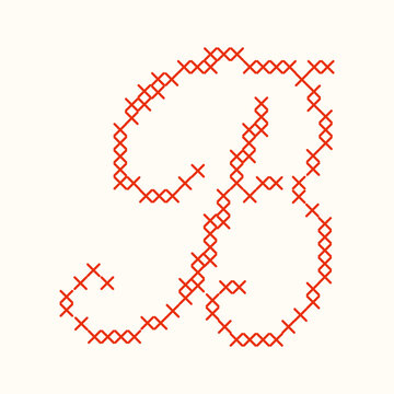 Red cross stitch letter B script typography isolated on white background. A textured cursive embroidery needlework letter for monograms, nursery decor, and handmade textile crafts. Vector illustration