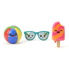 Fototapeta premium Cute 3D Summer Vacation Set Featuring a Smiling Beach Ball, Palm Tree Sunglasses, and Melted Ice Cream Pop Character on a Plain Background