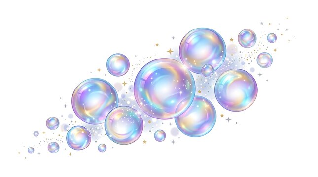Floating Iridescent Soap Bubbles Vector Illustration with Sparkles &ndash; Holographic Rainbow Transparent Bubble Collection Isolated on White Background