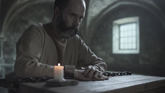 Mature medieval man locked in iron shackles rubbing his hand with a thumb while staring ahead and turning his look toward a prison window while sitting at a rough wooden table next to a burning candle