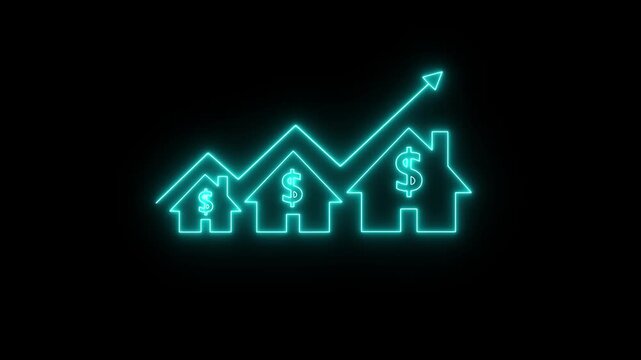 Home icon house sign neon lights animation with up arrow Dollar increase. Neon House, home building animation. Neon line of Dollar sign. motion graphic of neon house concept.