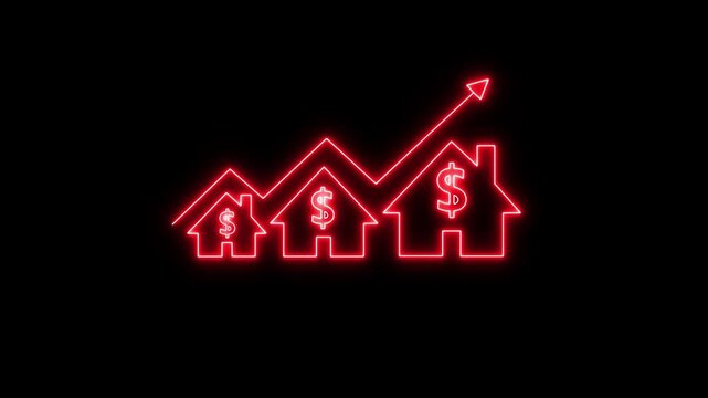 Home icon house sign neon lights animation with up arrow Dollar increase. Neon House, home building animation. Neon line of Dollar sign. motion graphic of neon house concept.