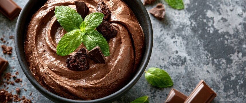 Rich chocolate mousse topped with fresh mint and cocoa pieces in a dark bowl