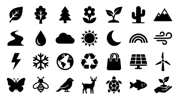 nature, environment, ecology, leaf, tree, flower, sprout, mountain, river, water, cloud, sun, moon, rainbow, wind, snowflake, recycle, solar, butterfly, wildlife, bird, deer, earth, icon, vector, illu