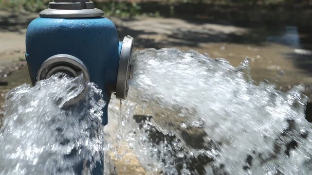 Close-up shot of a blue fire hydrant flushing out high-pressure water from its open side valves onto a street gutter. 4K slow motion 120 fps,