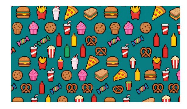 Retro 8-Bit Fast Food Pixel Pattern Seamless Vector Background