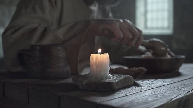 Burning candle on a rustic wooden table against a blurred background of a medieval prisoner eating porridge from a bowl inside a gloomy jail cell