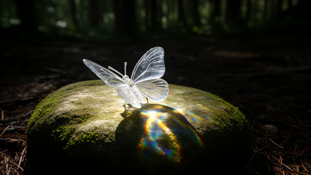 A beautiful translucent crystal butterfly resting on a mossy stone in a dark forest.