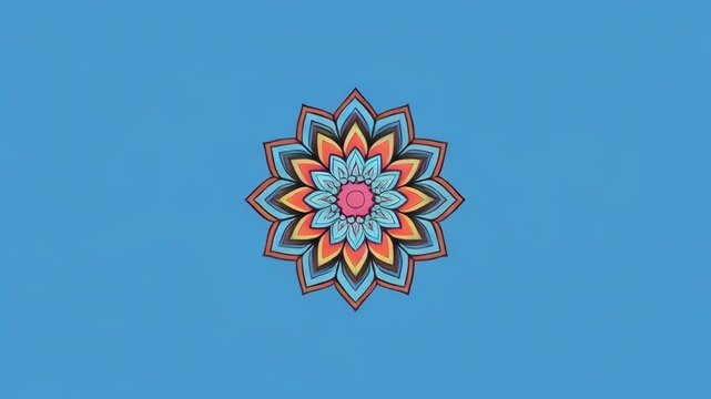 Floral mandala animated pattern growing and shrinking during subtle zoom on blue background with black stripes