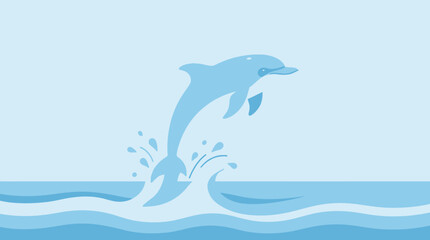 Naklejka premium Jumping dolphin in ocean waves under blue sky with sea life, marine biology