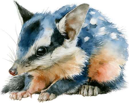 Watercolor painting of an adorable spotted quoll with blue and orange fur on a white background