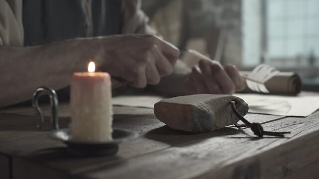 Hands of a medieval artist wetting a whetstone surface with a finger and sharpening a penknife blade near a burning candle inside a craftsman workshop