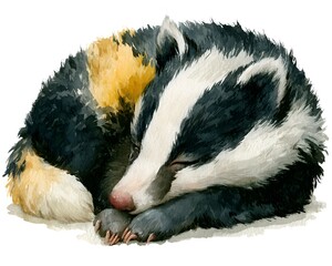 Naklejka premium Sleeping watercolor badger curled up peacefully on a white background