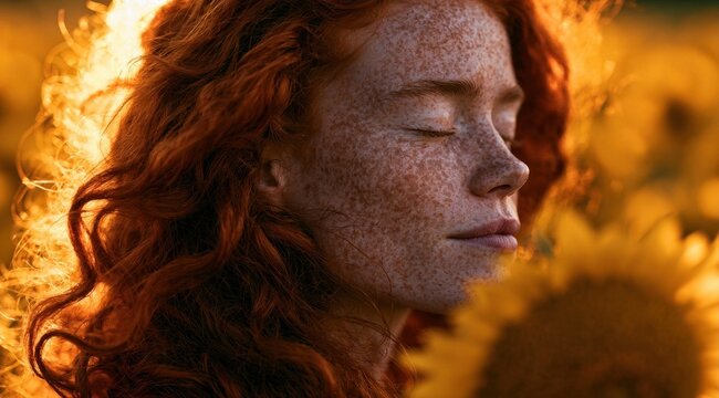 Side profile of a freckled woman with vibrant red hair amidst a sunflower field