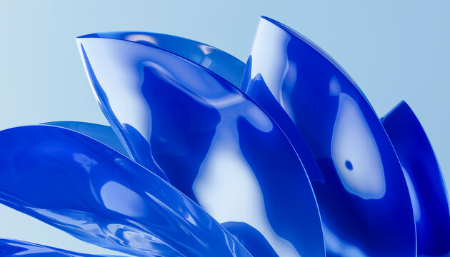 3D blue petal sculpture with polished overlapping surfaces.