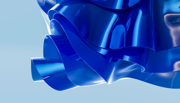 3D cobalt ribbon sculpture forming layered reflective waves.
