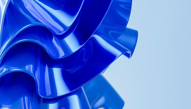 3D cobalt curl sculpture framing open minimalist space.