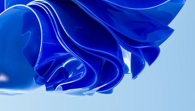 3D blue wave sculpture with cascading glossy ribbon folds.