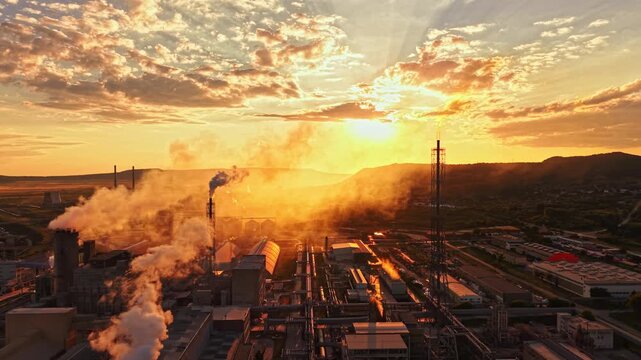 A view shows an industrial zone at sunset. Smoke billows from factory stacks as sunlight casts a warm glow over the buildings and surrounding area.