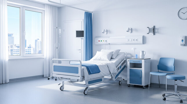 Empty modern hospital room adjustable medical bed healthcare clinic ward interior blue curtain monitoring equipment clean patient recovery facility bedside table