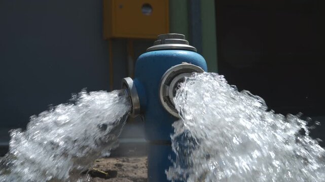 Blue fire hydrant releasing a powerful stream of water during system flushing. Urban infrastructure, water distribution and maintenance operation theme. 4K slow motion 120 fps,
