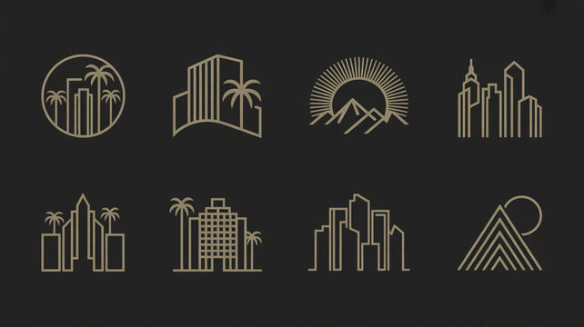 Eight minimalist cityscape logos in metallic gold arranged in grid