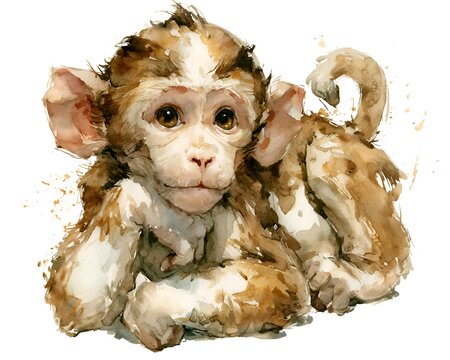 Adorable baby monkey watercolor painting isolated on white, a charming and cute illustration of a young primate looking at the viewer