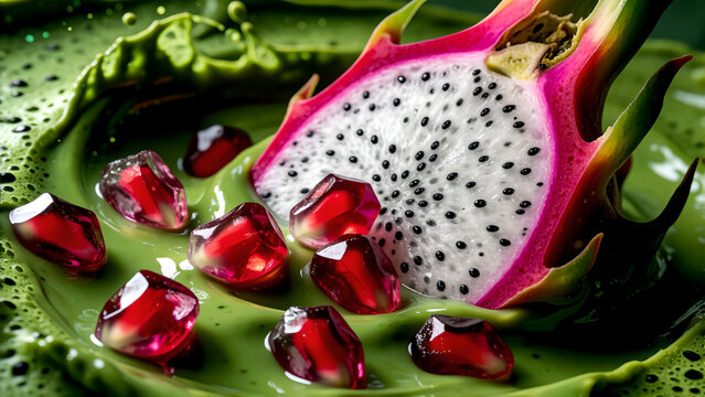 Fresh dragon fruit slice and pomegranate seeds floating in creamy green matcha sauce.