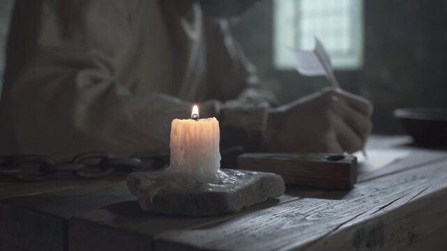 Close up of medieval prisoner hands locked in iron shackles pinching a burning candle flame on a wooden table inside a gloomy jail cell