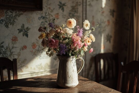 Delicate pastel flowers arranged in an aged ceramic pitcher on a wooden table highlighting gentle home decor, sunlight, and vintage interior charm