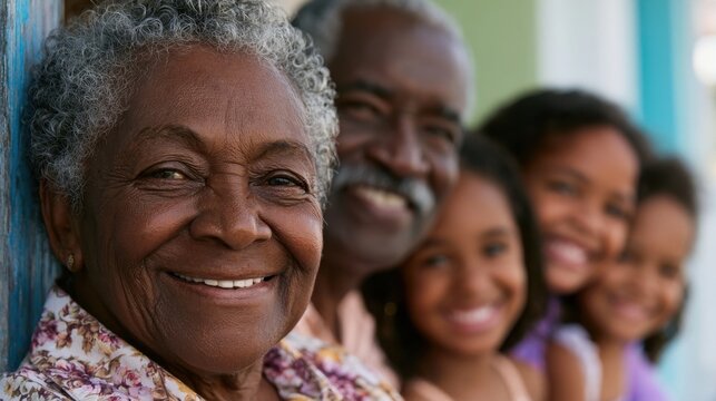 Smiling african american grandmother with multi-generational family portrait