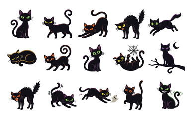 Obraz premium Collection of playful black cats in various poses with halloween elements on a white background