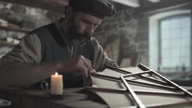 A medieval master hemming fabric on an ornithopter wing at a timber table near a burning candle inside a dimly lit workshop