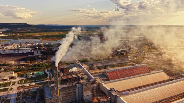 Workers and machines are active in the factory area with smoke coming from the chimneys. The river and boats are visible nearby while the sun sets in the background.