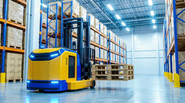 Autonomous mobile forklift carrying wooden pallet through massive industrial storage warehouse representing efficient commercial freight logistics and modern automated supply chains