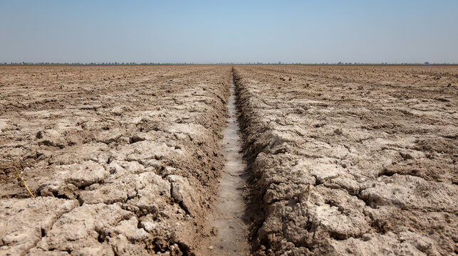 A vast, dry land displaying cracked soil under a clear blue sky, showcasing the effects of drought on the environment.