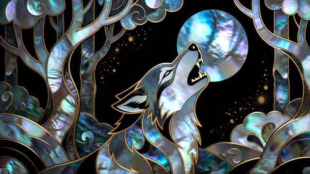 A stylized wolf howling at a glowing moon in a dark forest made of iridescent mother of pearl inlay.