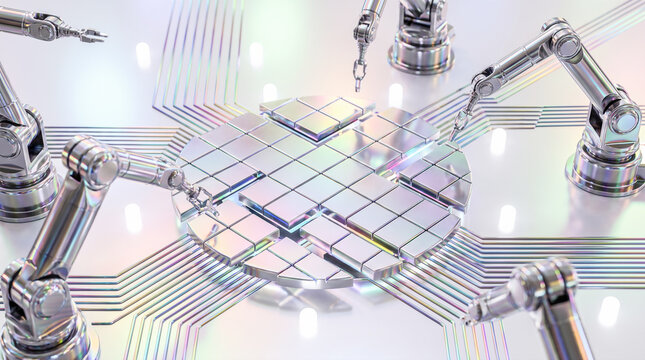 Multiple cybernetic robotic arms assembling shiny metallic grid structure representing advanced futuristic manufacturing technology and complex artificial intelligence hardware engineering