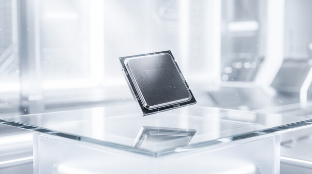 Shiny microchip processor levitating above clear glass podium under bright white light representing advanced computer hardware technology and futuristic artificial intelligence systems