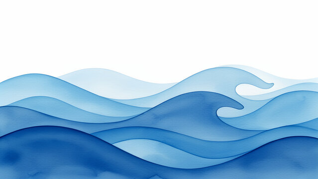 Abstract watercolor illustration of blue ocean waves on a white background.