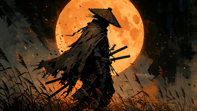 A lone samurai warrior walking through a field at night under a giant orange full moon.