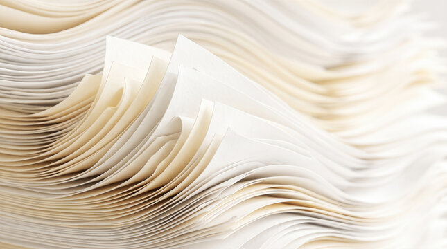 Multiple stacked white paper sheets forming abstract wavy patterns viewed from close perspective showing texture curves lines geometry artistic design composition blank pages