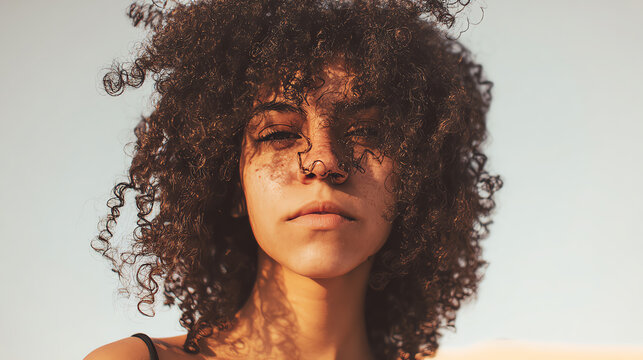 A young woman with curly hair stands confidently, embracing her unique beauty against a natural backdrop.
