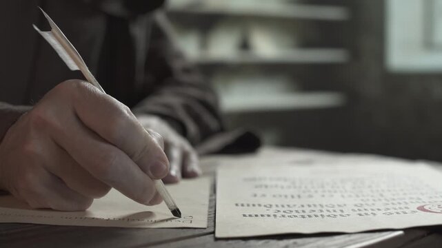 Monastic copyist in a brown robe copying Latin sacred text from a psalm onto a new parchment sheet with a quill pen, inside a scriptorium