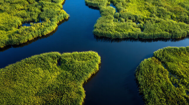 Aerial view of lush green marshland with winding blue waterways, showcasing the beauty of untouched nature.