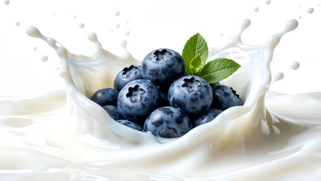 Fresh blueberries falling into a creamy milk splash with mint leaves on white background.